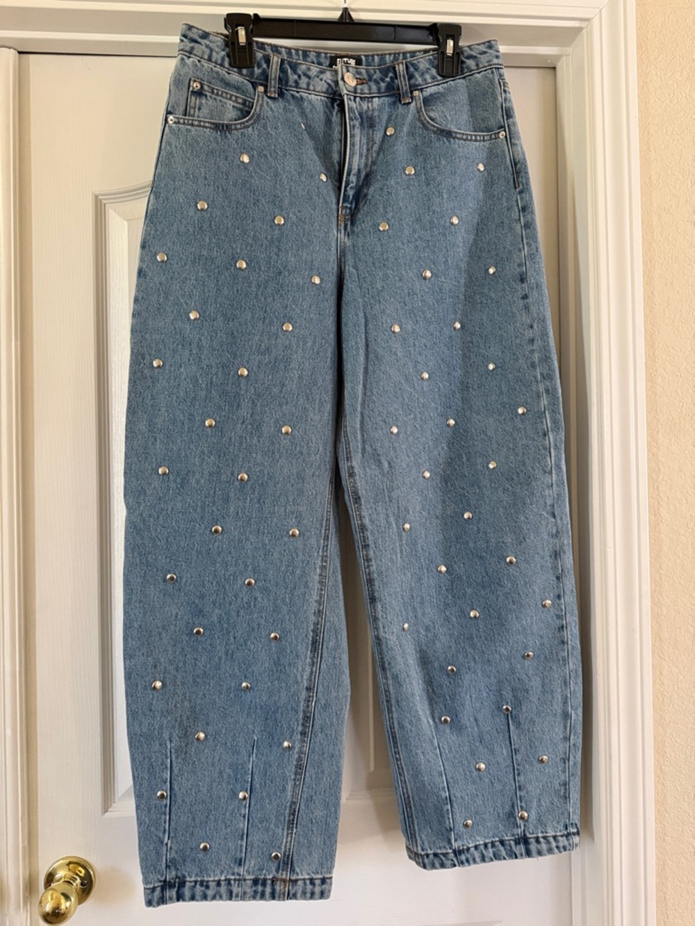 Light Blue Stud-Embellished Boyfriend Jeans